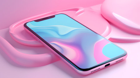 3d rendering of a modern smartphone with pink and blue abstract backgroundの素材