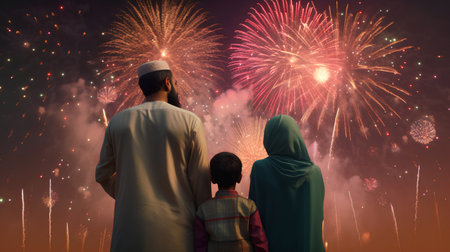 Rear view of muslim family looking at fireworks in night skyの素材