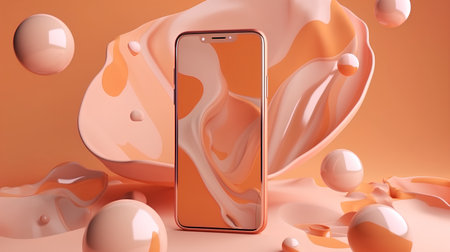 Mobile phone with pink liquid splash on orange background. 3d renderの素材