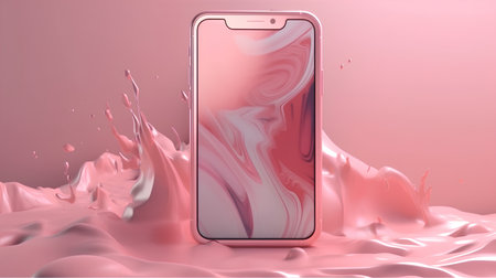 Smartphone with pink liquid splash on pink background. 3d renderingの素材