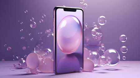 Smartphone with pink egg on a purple background. 3d renderingの素材