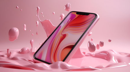 Smartphone on pink background with splashes. 3D rendering.の素材