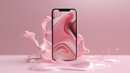 Smartphone with pink liquid on a pink background. 3d renderingの素材