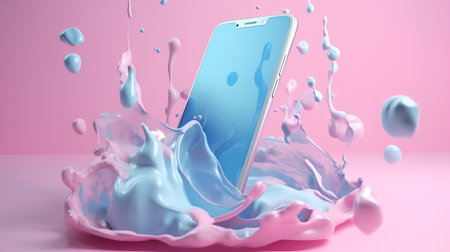 3d render of smartphone with splashes and drops on a pink backgroundの素材