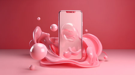 Smartphone with pink liquid splash on a pink background. 3d renderingの素材