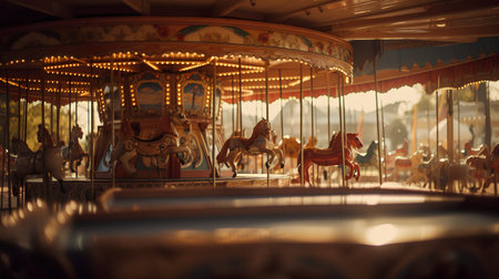 Carousel in the amusement park at sunset. Selective focus.の素材