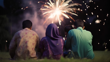 Young muslim family watching fireworks at night in the park, back viewの素材