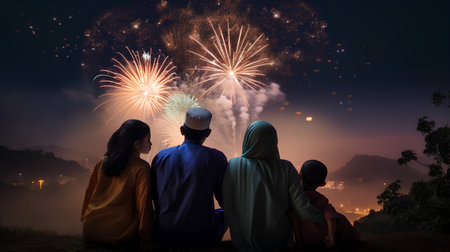 Silhouette of muslim family watching fireworks in the night skyの素材