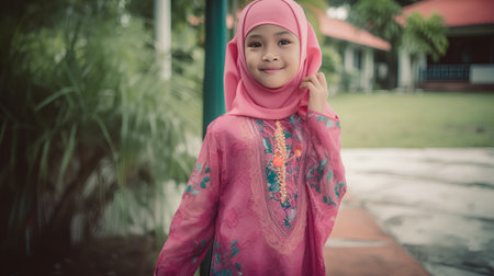 Portrait of cute little Asian muslim girl wearing a pink hijab.の素材