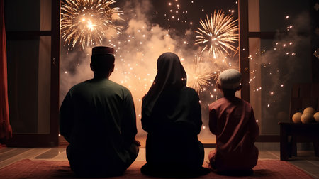 Muslim family praying at the mosque with fireworks in the background, Ramadan Kareemの素材