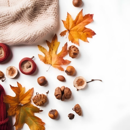 Autumn still life with leaves, nuts and knitted scarf on white backgroundの素材