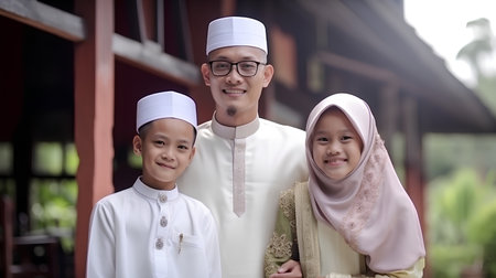Muslim family with traditional clothing at home during Eid al Fitr celebrationの素材