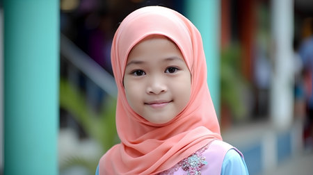 Portrait of beautiful muslim girl with expression of happiness and smileの素材