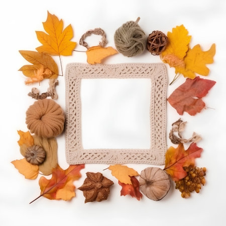 Autumn frame with dried leaves and knitted accessories on white backgroundの素材