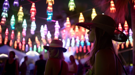 Young woman in a hat on the background of the colorful lights.の素材
