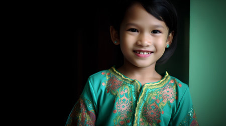 Portrait of a cute little asian girl in traditional costume.の素材