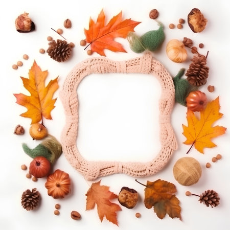 Autumn frame made of knitted clothes, acorns and leaves on white backgroundの素材