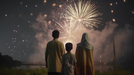 Silhouette of muslim family watching fireworks in the night skyの素材
