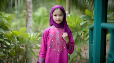 Portrait of a beautiful Asian muslim girl in pink dress.の素材