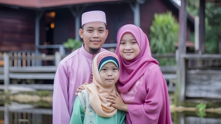 Muslim family with traditional clothing at Muslim feast of the holy month of Ramadanの素材