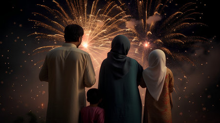 Silhouette of muslim family looking at fireworks in night skyの素材
