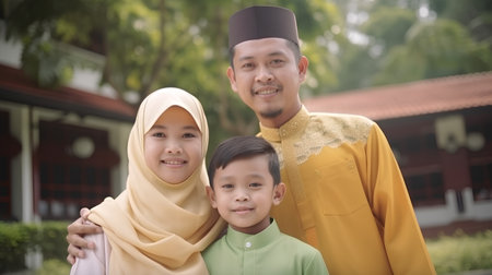 muslim family with son and daughter at the mosque in thailandの素材