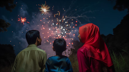 Back view of Asian muslim family watching fireworks in the night skyの素材