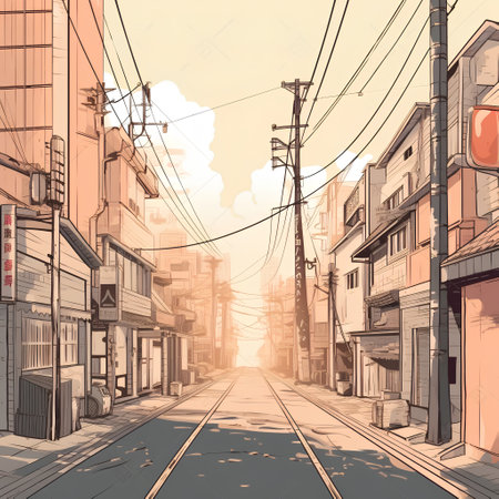 Street view of old town in Japan. Vintage style. Vector illustration.の素材