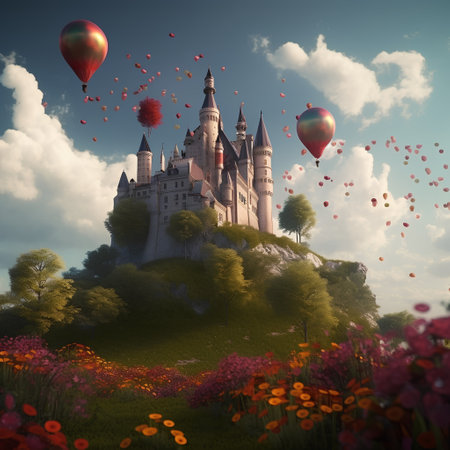 Fairytale castle with red balloons on the hill and colorful flowersの素材