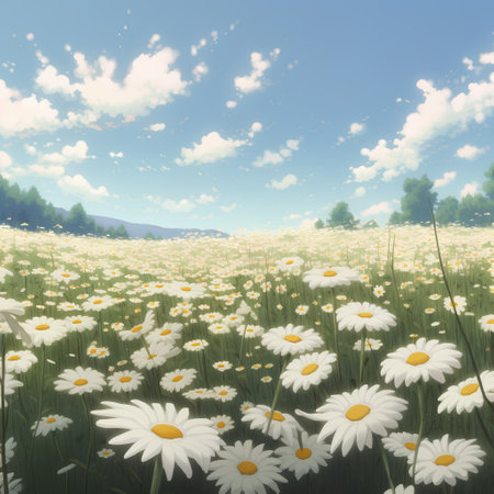 White daisies on a meadow with blue sky and cloudsの素材