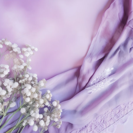 Lilac fabric and gypsophila flowers on pink backgroundの素材