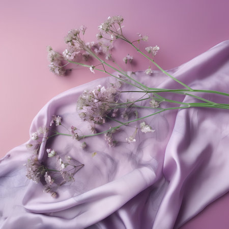 Lilac fabric and gypsophila flowers on pink backgroundの素材