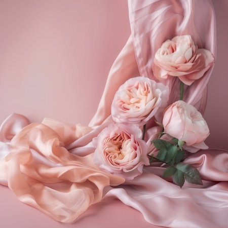 pink fabric and pink roses on a pink background, copy spaceの素材
