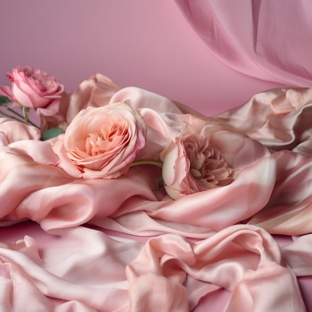 pink fabric with roses on pink background, closeup, verticalの素材