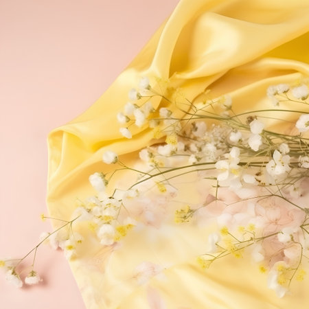 Lily of the valley flowers on a yellow satin cloth.の素材