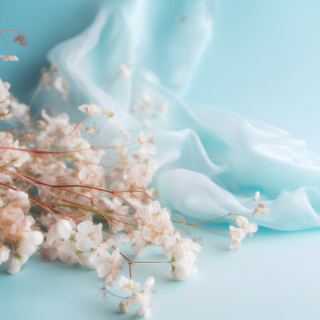 Bouquet of gypsophila flowers on blue background.の素材