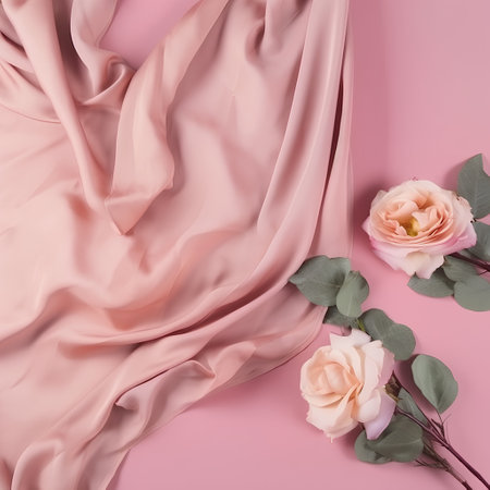 pink silk fabric with roses and eucalyptus on pink backgroundの素材