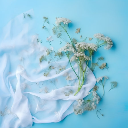 White gypsophila flowers on blue background. Flat lay, top viewの素材