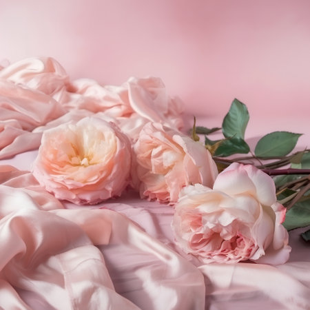 Beautiful pink roses on a pink fabric background with copy space.の素材