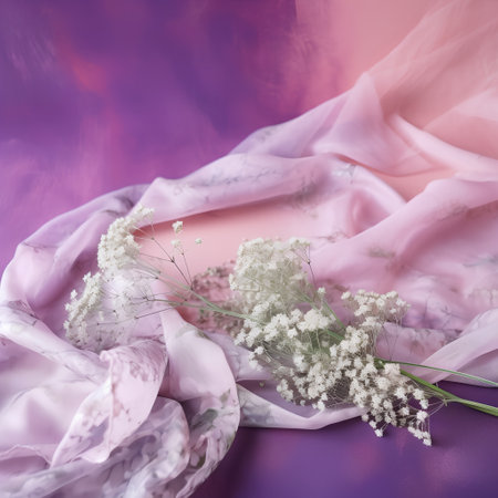 Pink fabric with gypsophila flowers on a violet background.の素材