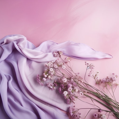 purple silk fabric with flowers on a pink background, copy spaceの素材