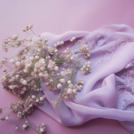 Lilac fabric and gypsophila flowers on pink backgroundの素材