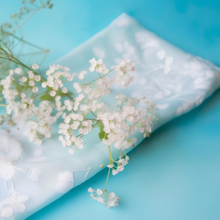 White gypsophila flowers on a turquoise background.の素材