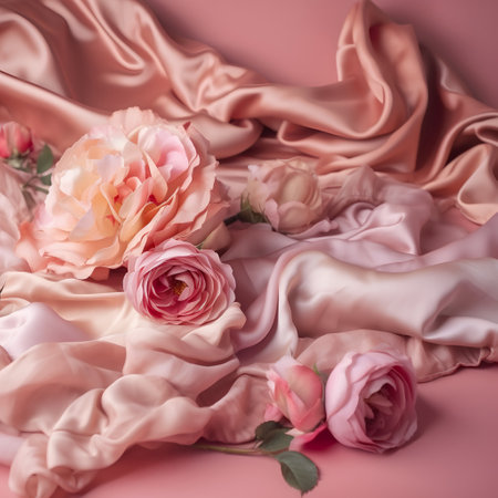 pink fabric with roses and petals on a pink background.の素材