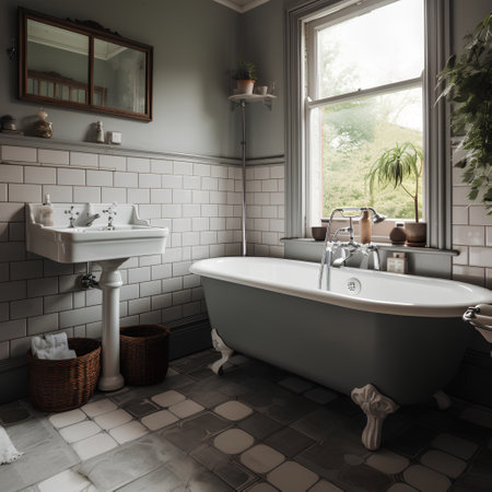 Bathroom interior in old style. 3d render. Bathtub, sink, mirror, towels and basket.の素材