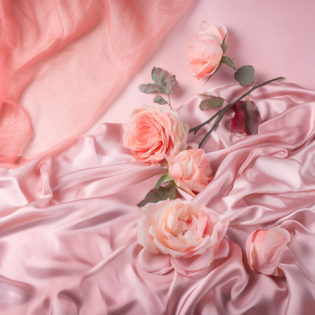 Beautiful roses on pink silk background. Flat lay, top viewの素材