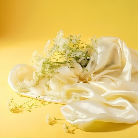 White silk and gypsophila flowers on a yellow background.の素材