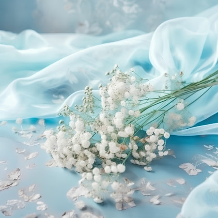 Beautiful gypsophila flowers on blue satin fabric backgroundの素材