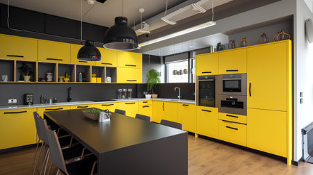 Modern yellow kitchen interior with black and wooden furniture. 3d renderの素材