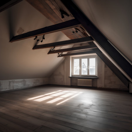 Interior of a attic with a wooden floor and a large windowの素材